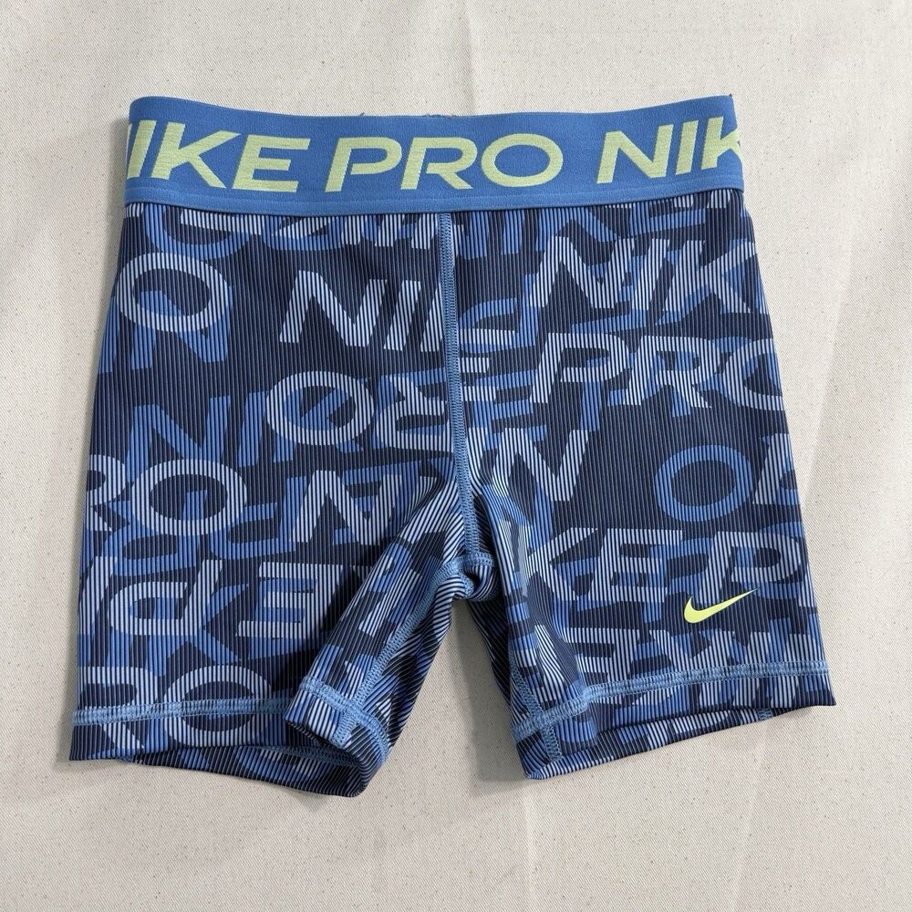Nike Pro Shorts Girls Size Large Blue Beyond Logo Print Dri-FIT HF8862-489